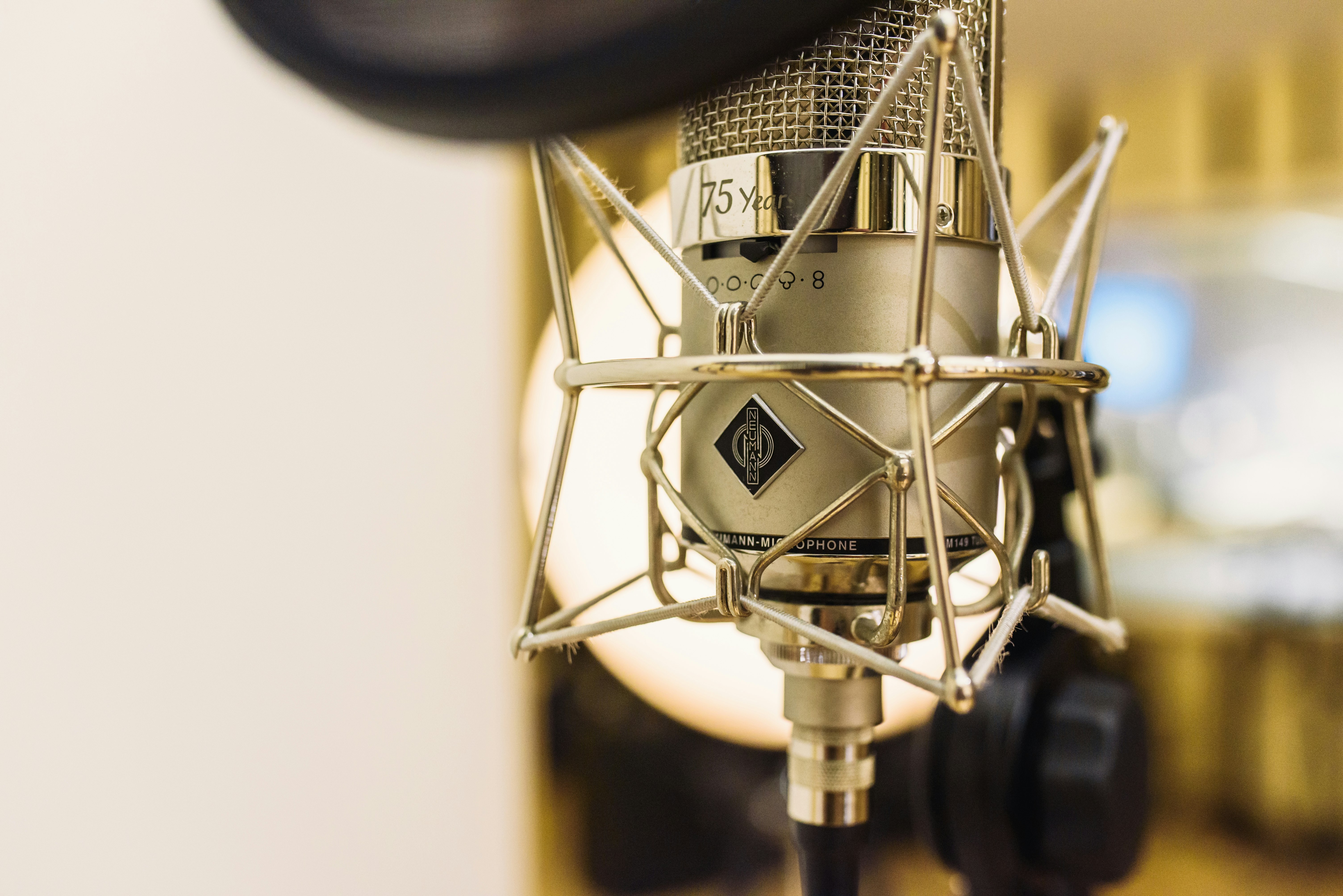 silver and black microphone with stand